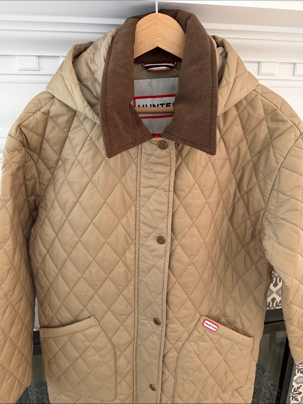 RARE Hunter Quilted Barn Jacket Puffer LONG Corduroy Collar Khaki Tan NWT M S - Picture 7 of 7